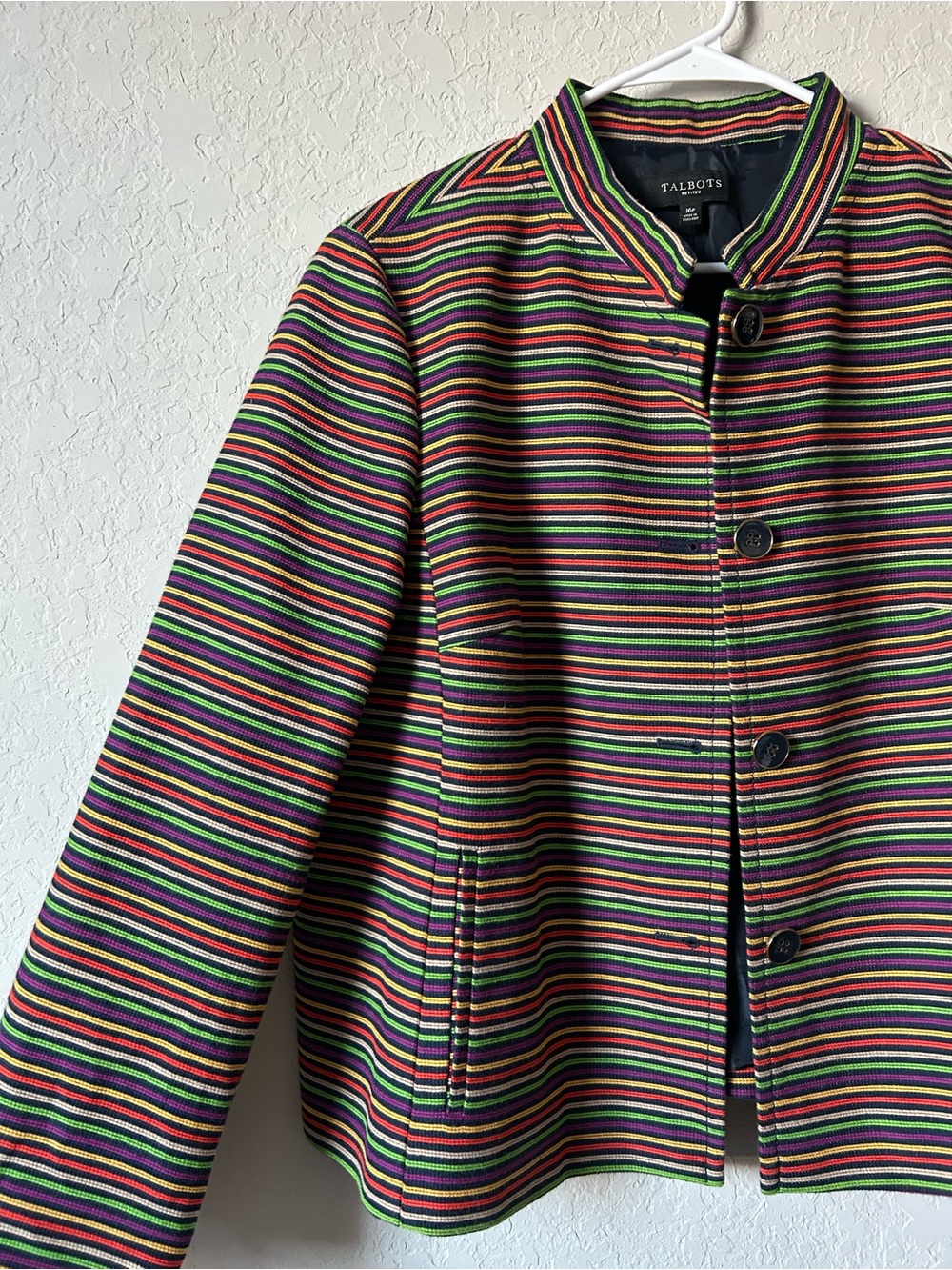 Talbots Mandarin Collar Multi Colored Striped Button Front Blazer - Picture 2 of 8